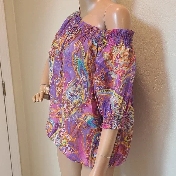RALPH LAUREN sheer SILK METALLIC off-shoulder floral paisley smocked Boho top M - Picture 4 of 6